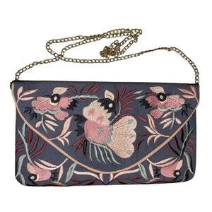 Vtg India Embroidered Purse Bird Floral Grey 100% Cotton Boho Clutch Crossbody